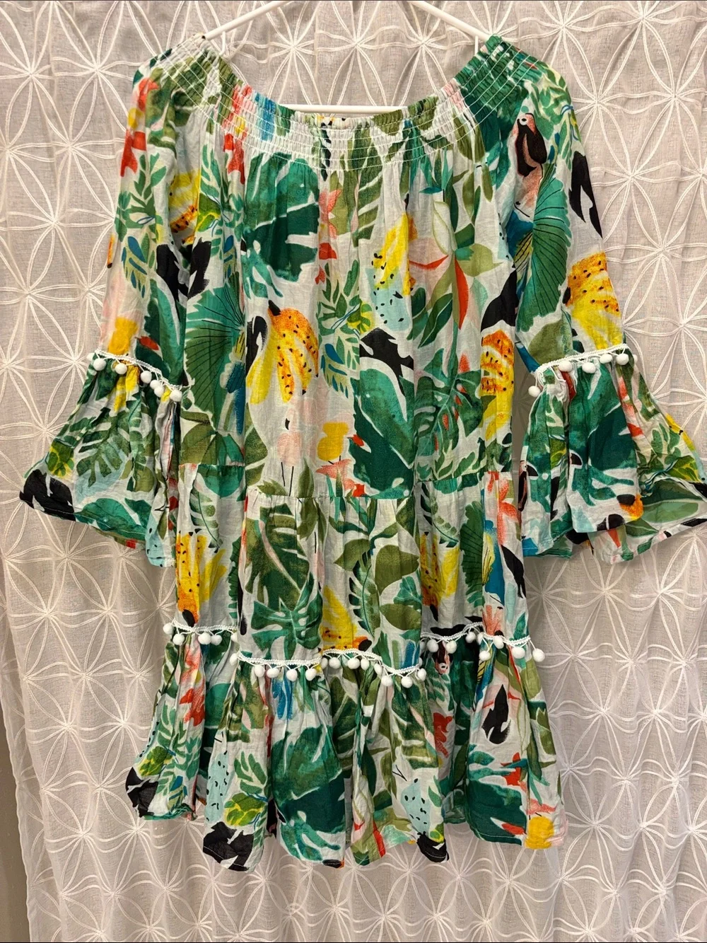 True Destinations Tropical Bird Print Smocked Dress- Green & Yellow - Picture 7 of 8